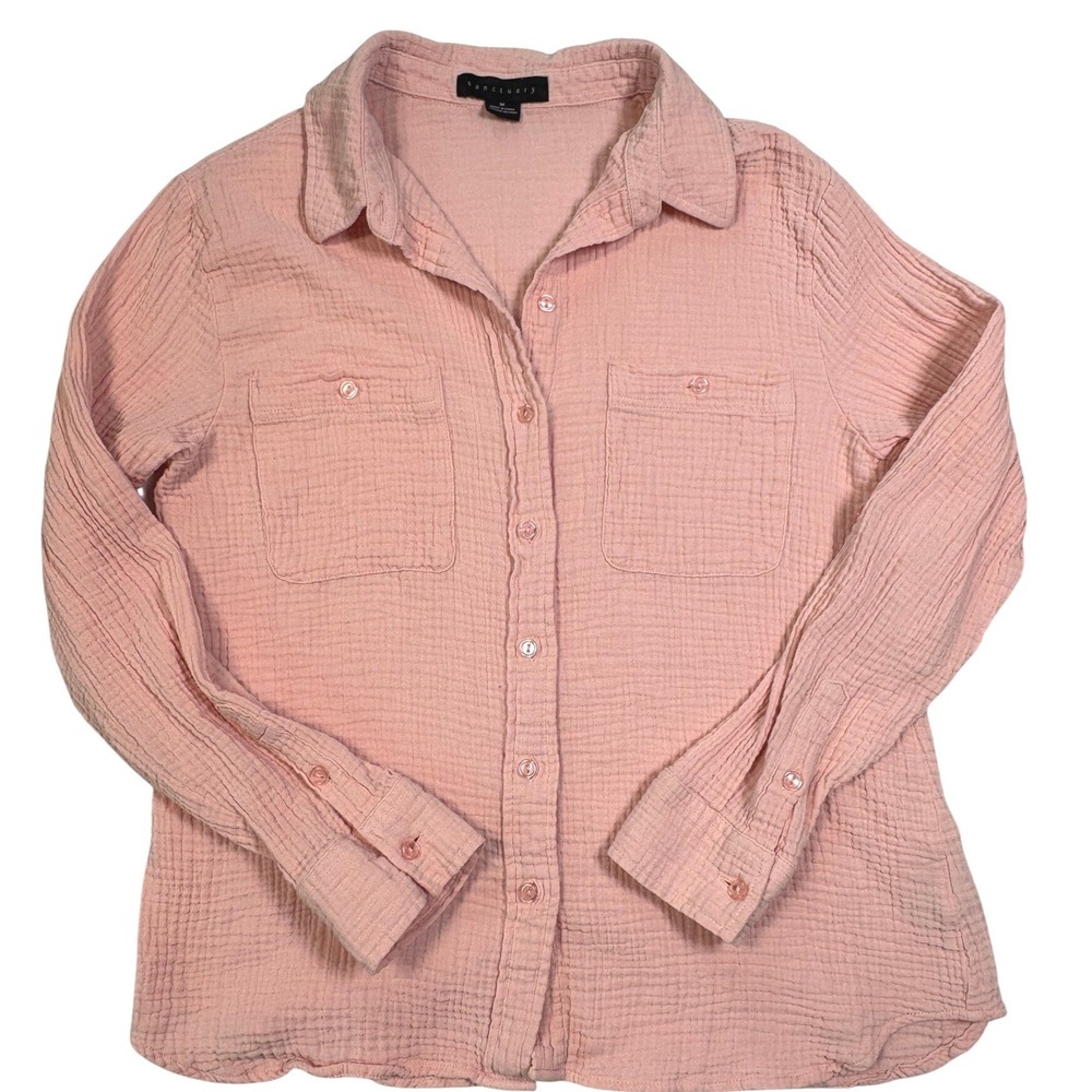 Sanctuary Womens Pink Cotton Gauze Button Down Shirt Roll Tab Sleeve M XB0769ZS